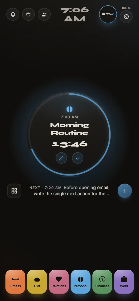 Home in the sample account: one circle for what you are in the middle of, and what comes next